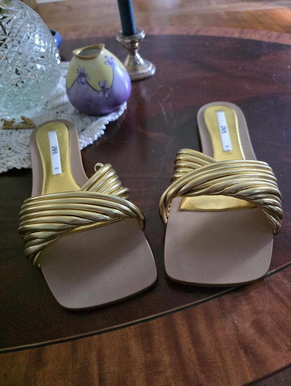 NWOT Zara Metallic Gold Braided Slide Mules - Picture 2 of 5